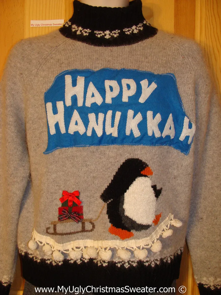 Ugly Christmas Sweater Party Hanukkah Sweater  Penguin (j221)