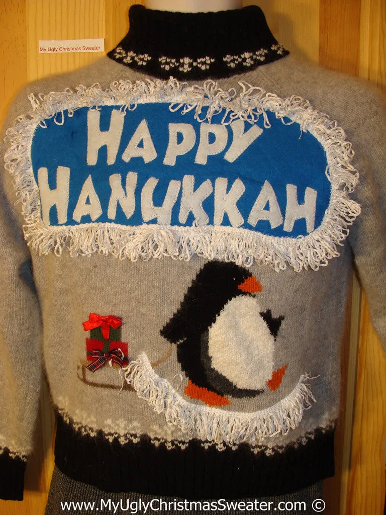 Ugly Christmas Sweater Party Hanukkah Sweater with Penguin Pulling Sled (j205