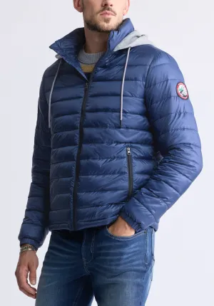 Vince Men’s Quilted Puffer Zip-Up Jacket with Contrasting Hoodie, Blue - OBMFE003