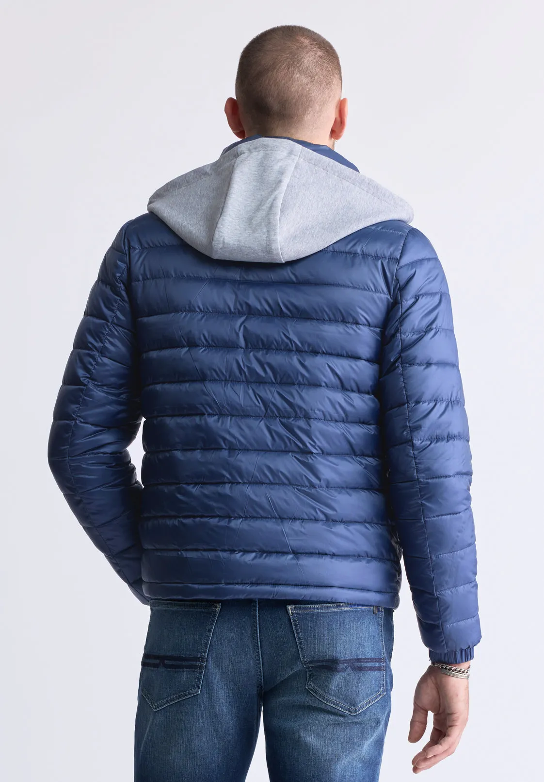 Vince Men’s Quilted Puffer Zip-Up Jacket with Contrasting Hoodie, Blue - OBMFE003