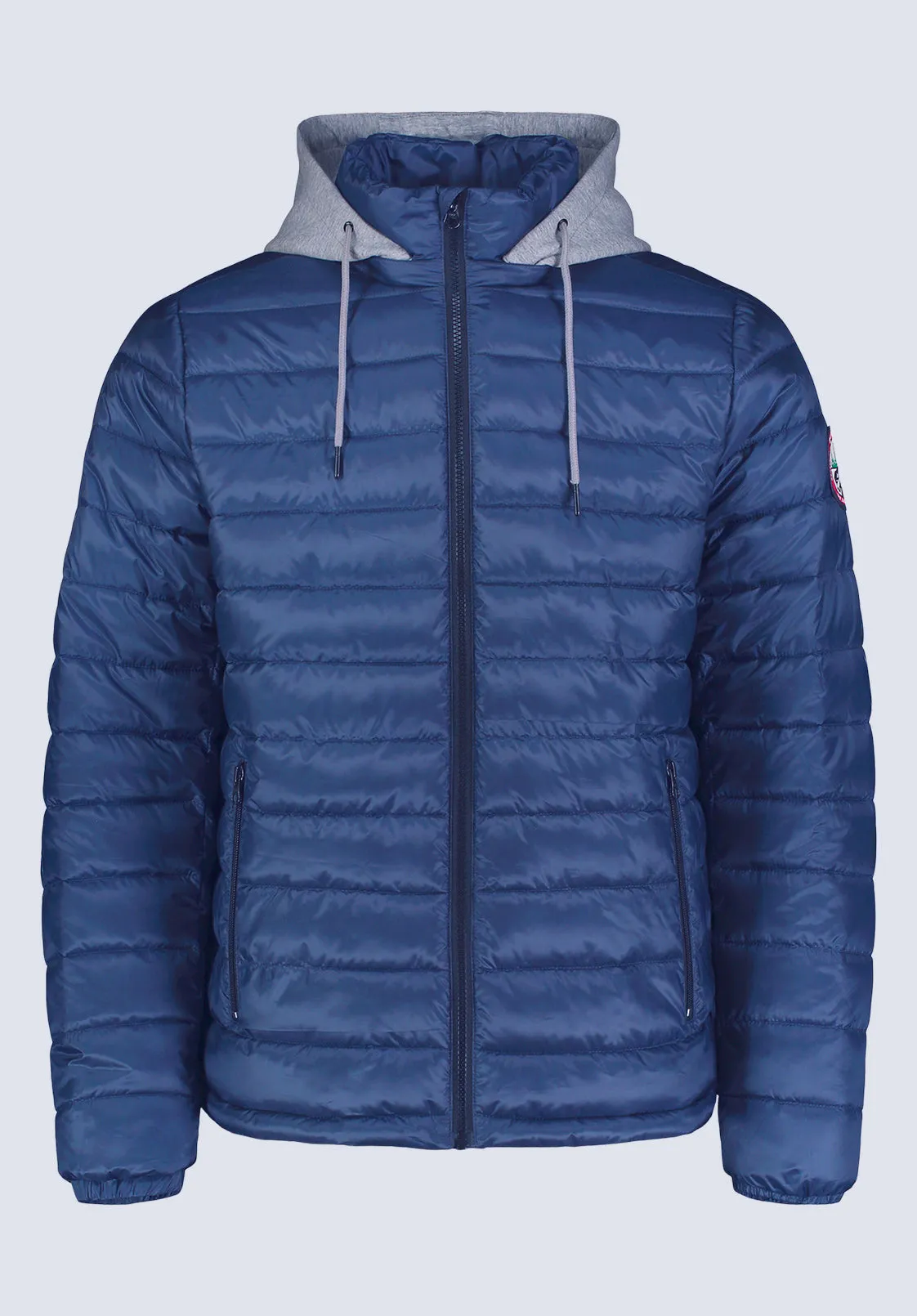 Vince Men’s Quilted Puffer Zip-Up Jacket with Contrasting Hoodie, Blue - OBMFE003