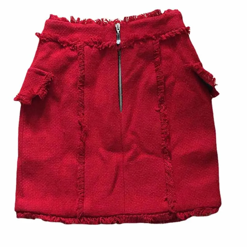 Women Red Skirt Lion Button Tassel Wool Short Skirt Hip Wrap Skirt