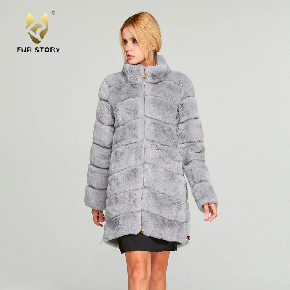 Women's Genuine Rabbit Fur Coat Women  Zip Stand-up Collar  Winter jacket  18131