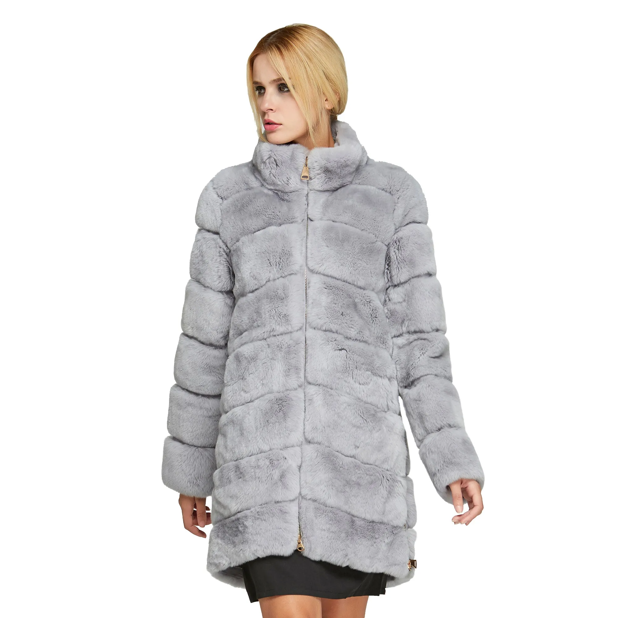 Women's Genuine Rabbit Fur Coat Women  Zip Stand-up Collar  Winter jacket  18131