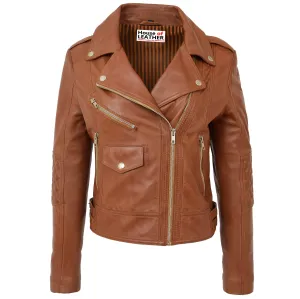 Womens Real Leather Biker Cross Zip Fashion Jacket Remi Tan