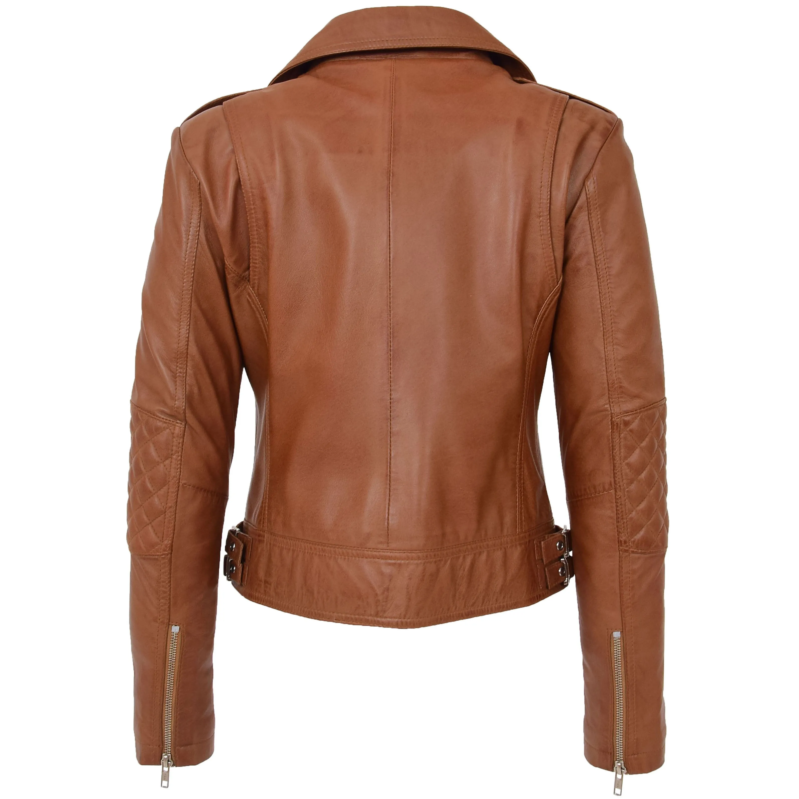 Womens Real Leather Biker Cross Zip Fashion Jacket Remi Tan