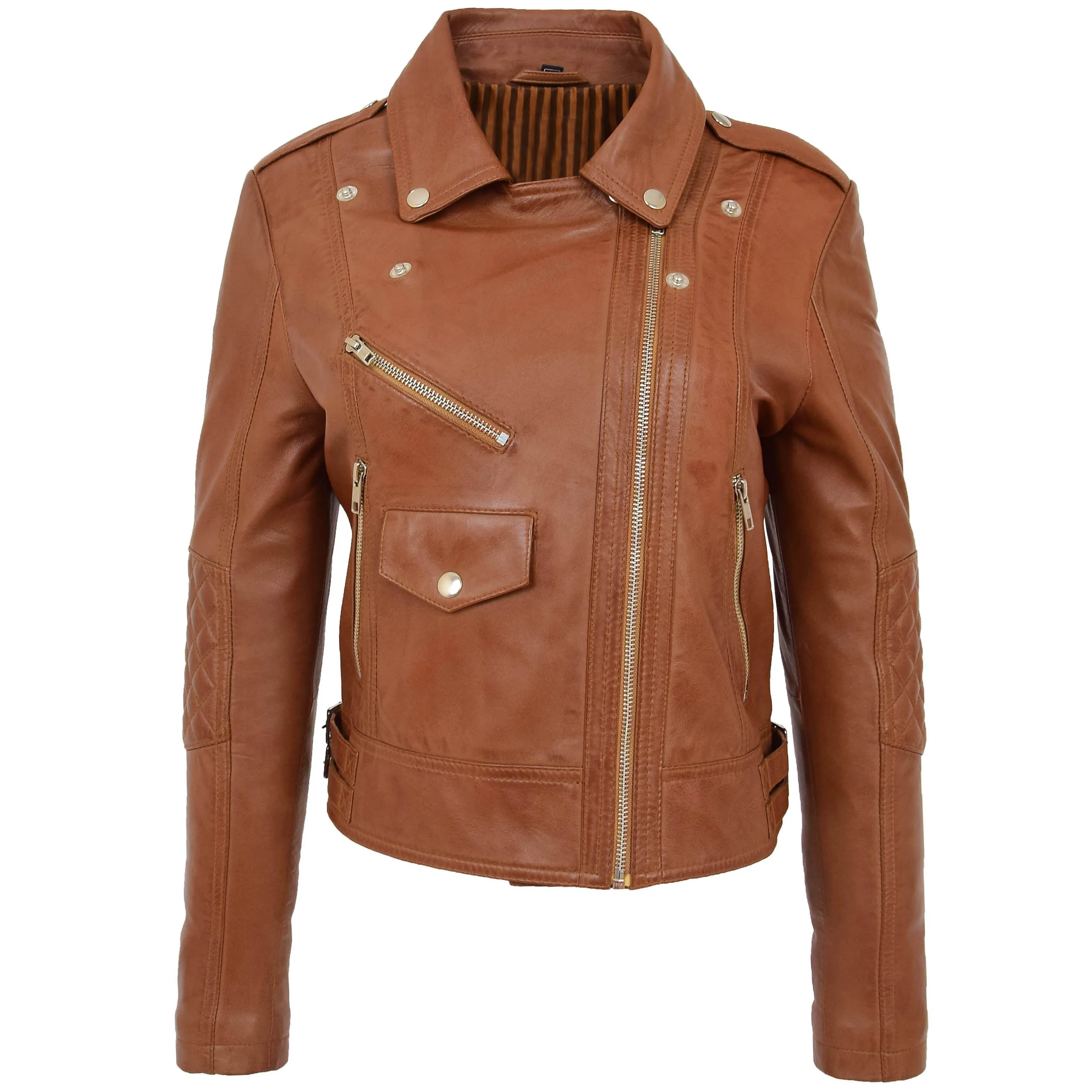 Womens Real Leather Biker Cross Zip Fashion Jacket Remi Tan