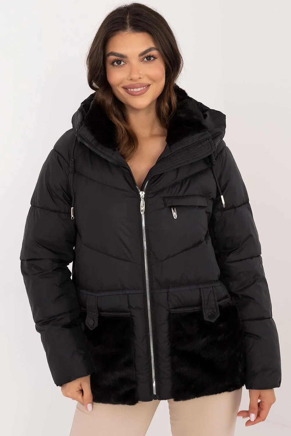 Zip-Up Quilted Jacket with Hood Black