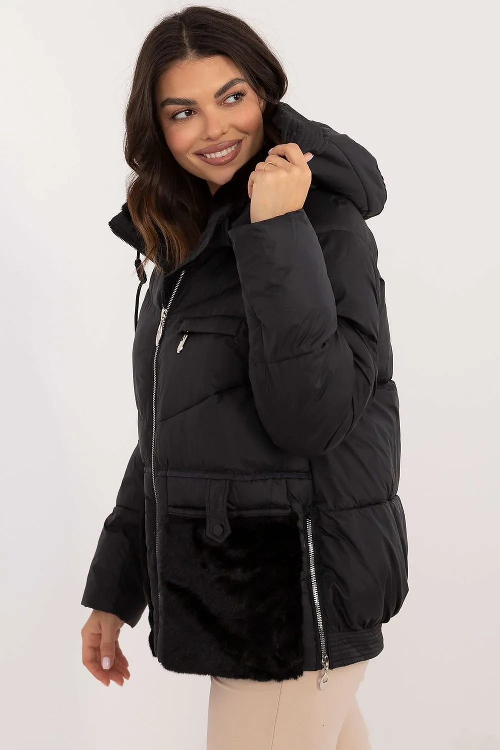 Zip-Up Quilted Jacket with Hood Black