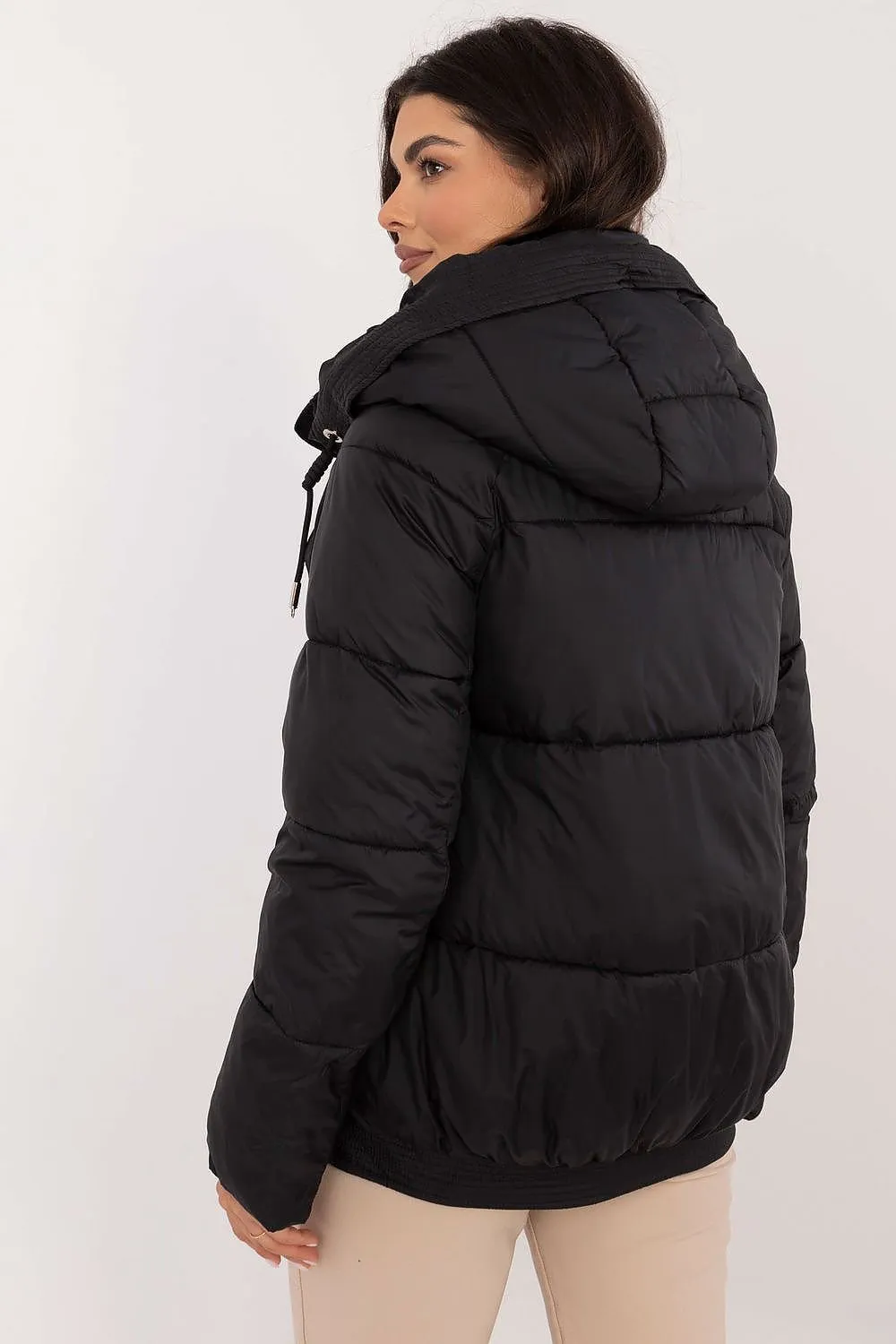 Zip-Up Quilted Jacket with Hood Black