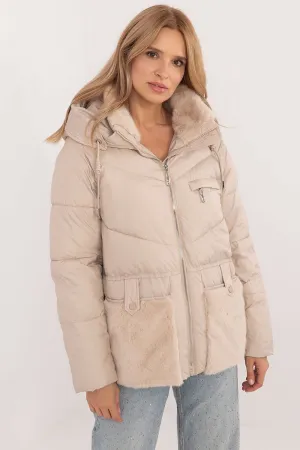 Zip-Up Quilted Jacket with Hood Light Beige