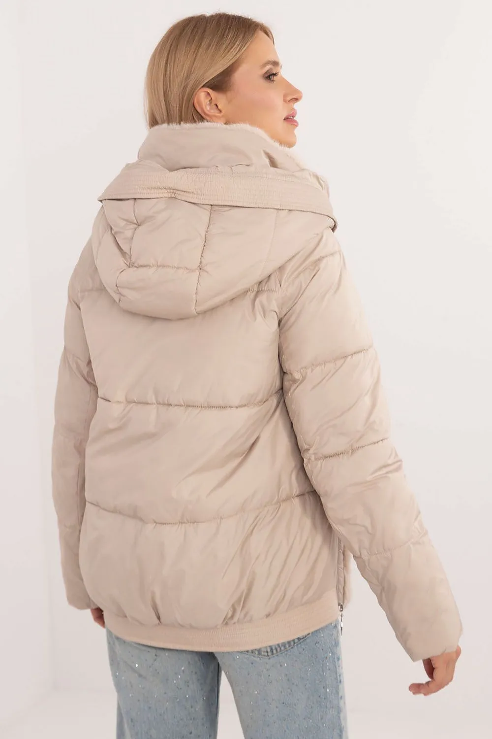 Zip-Up Quilted Jacket with Hood Light Beige